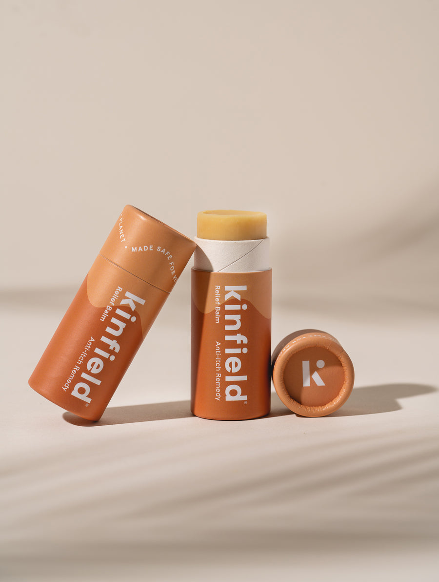 Kinfield Relief Balm Anti-Itch Remedy is open to show the balm inside.