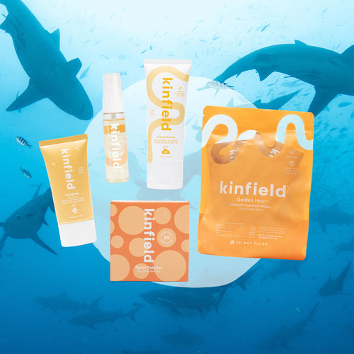 Kinfield Shark Tank Bundle, containing Golden Hour Wipes, Relief Patches Bug Bite remedy, Sunglow SPF 35, Cloud Cover SPF 35, and a mini of Golden Hour Spray Repellent.